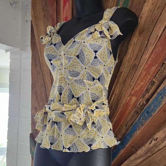 Vintage Cacharel cinched waist/empire waist fitted bows silk blouse/shirt Sz S - Picture 1 of 9